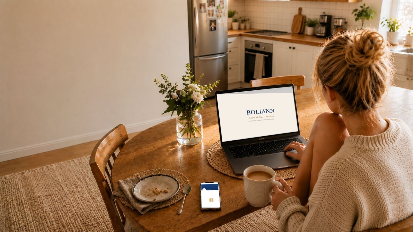 Nő a konyhaasztalnál laptoppal böngészi a BoLiAnn online kínálatát